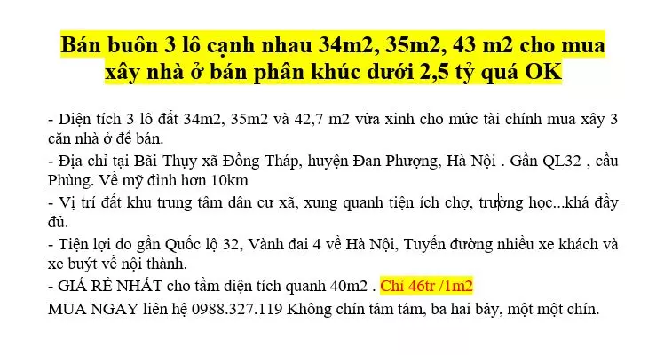 Bán 3 lô cạnh nhau 34m2, 35m2, 43 m2 cho mua xây nhà ở bán phân khúc dưới 2,5 tỷ quá OK