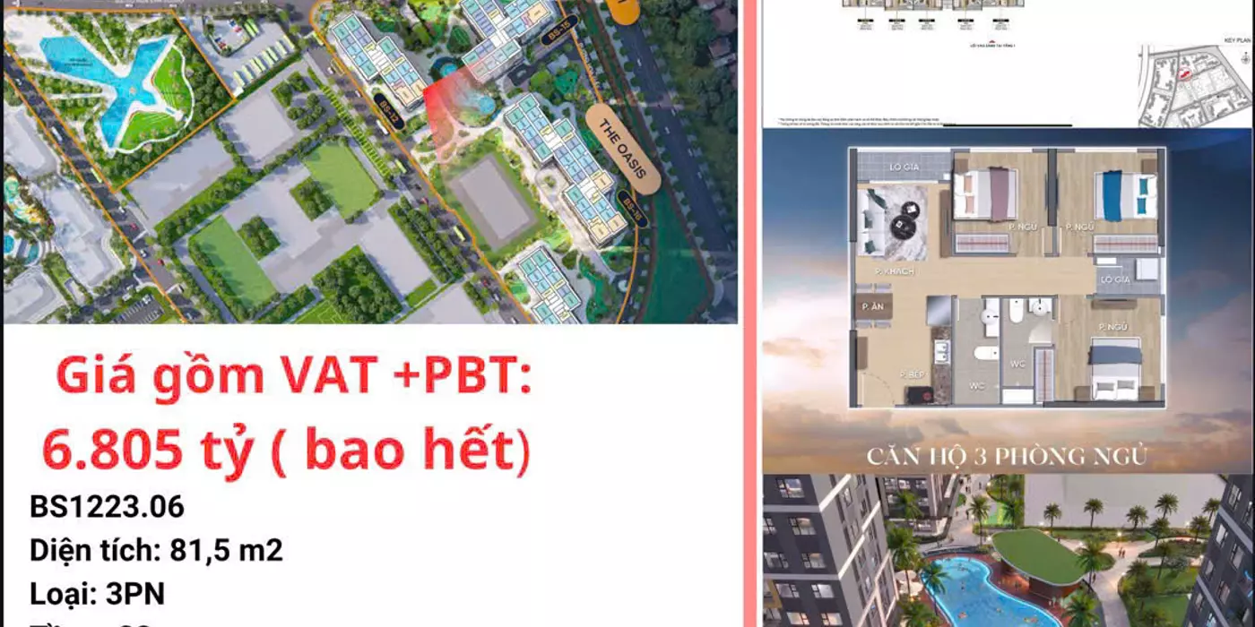 căn 3PN- The Oasis giá tốt nhất cùng các ưu đãi, tầng cao thoáng mát, view sang xịn mịn