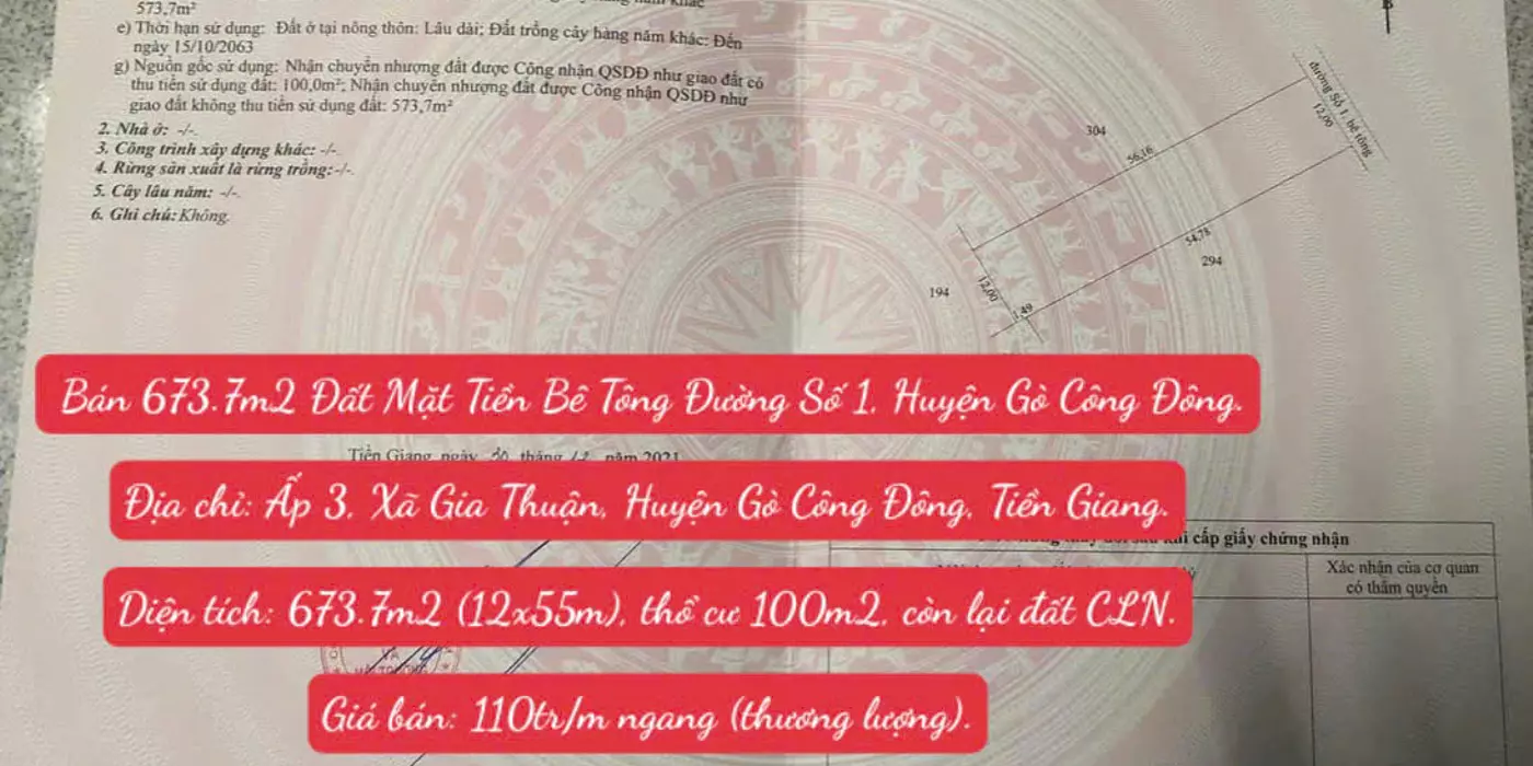 Cần Bán 673.7m2 Đất Mặt Tiền Bê Tông Đường Số 1, Huyện Gò Công Đông, Tiền Giang.