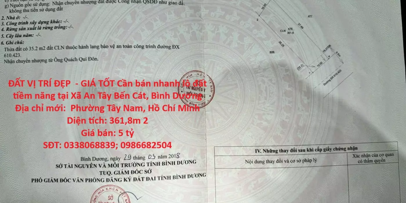ĐẤT VỊ TRÍ ĐẸP  - GIÁ TỐT Cần bán nhanh lô đất tiềm năng tại Xã An Tây Bến Cát, Bình Dương