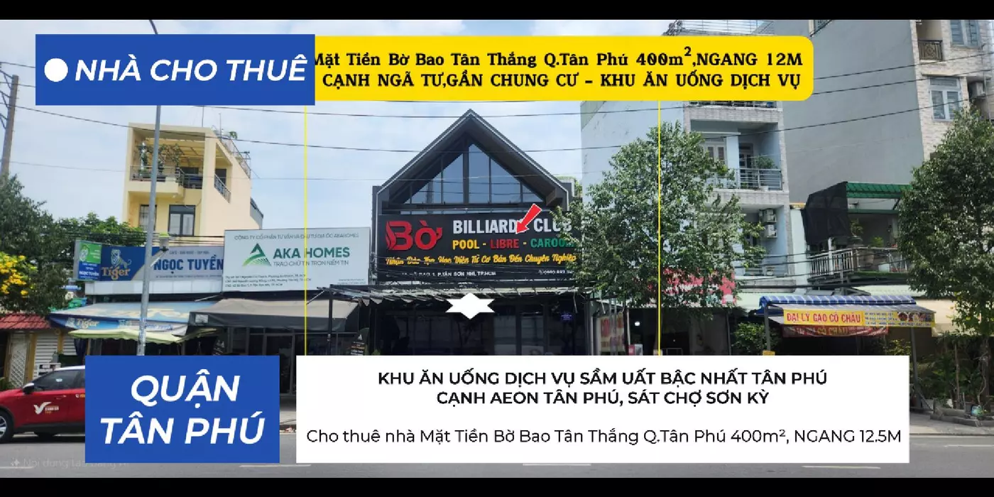 Cho thuê nhà Mặt Tiền Bờ Bao Tân Thắng Q.Tân Phú 400m²,NGANG 12.5M, CẠNH AEON