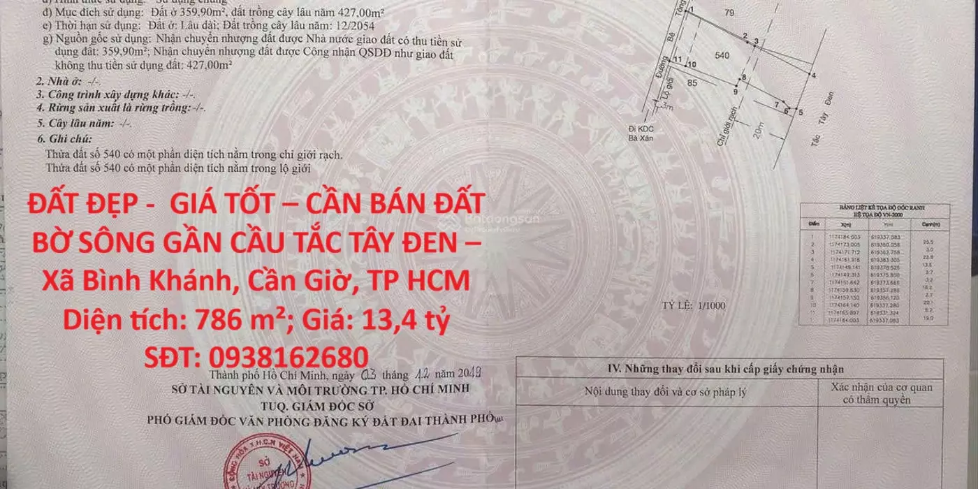 ĐẤT ĐẸP -  GIÁ TỐT – CẦN BÁN ĐẤT BỜ SÔNG GẦN CẦU TẮC TÂY ĐEN – Xã Bình Khánh, Cần Giờ, TP HCM