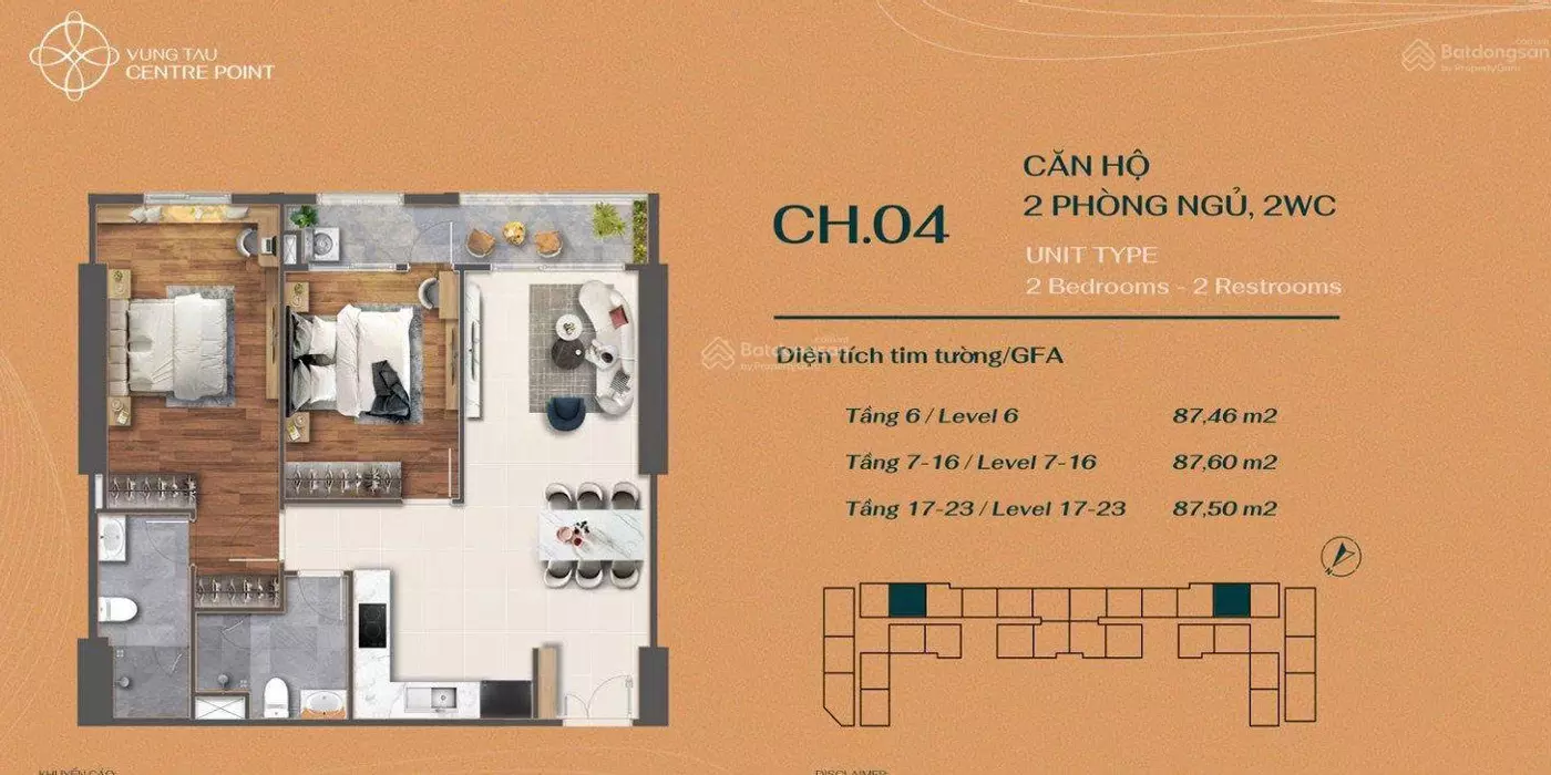 Bán căn hộ 2PN, 2WC - 87 m2 View đông nam - full nội thất , giá 4,75 tỷ, - Vung Tau Centre