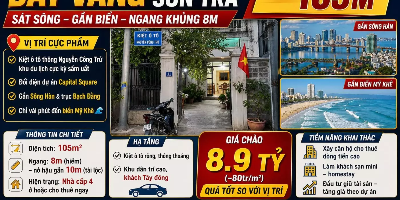 ĐẤT VÀNG TRUNG TÂM SƠN TRÀ – SÁT SÔNG – GẦN BIỂN – NGANG KHỦNG 8M DT 105M²  - Giá 8 tỷ xxx
