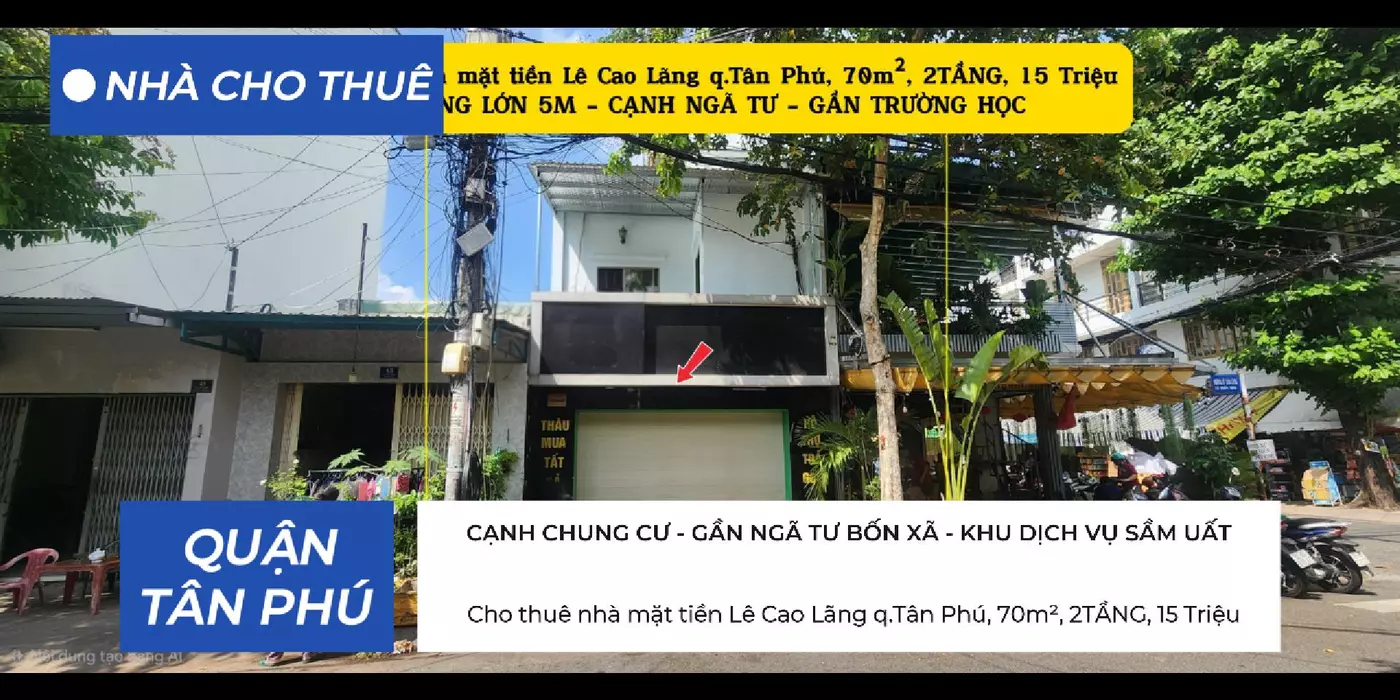 Cho thuê nhà mặt tiền Lê Cao Lãng q.Tân Phú, 70m², 2TẦNG, 15Triệu