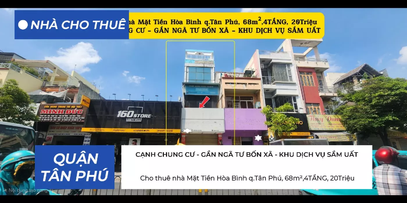 Cho thuê nhà Mặt Tiền Hòa Bình q.Tân Phú, 68m²,4TẦNG, 20Triệu