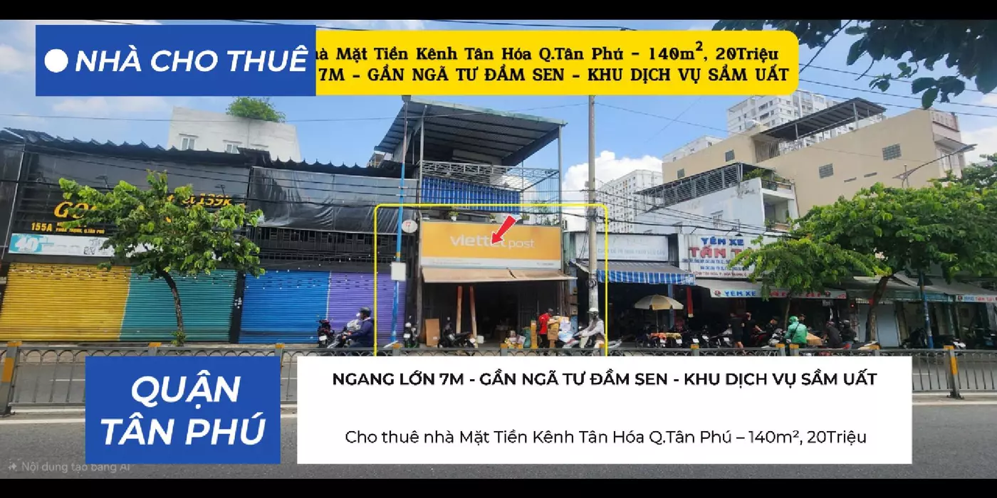 Cho thuê nhà Mặt Tiền Kênh Tân Hóa Q.Tân Phú–140m², 20Triệu