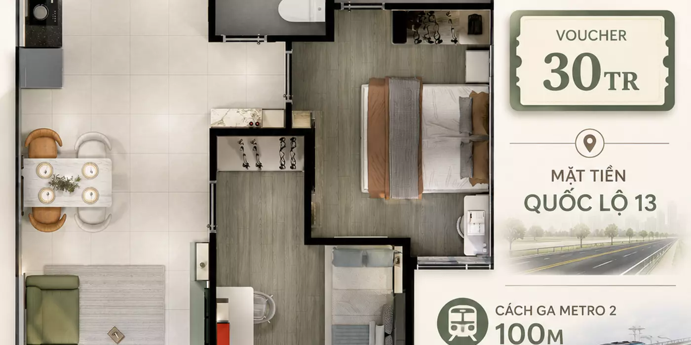Bán căn hộ chung cư 74m2 2PN 2WC mặt tiền QL13