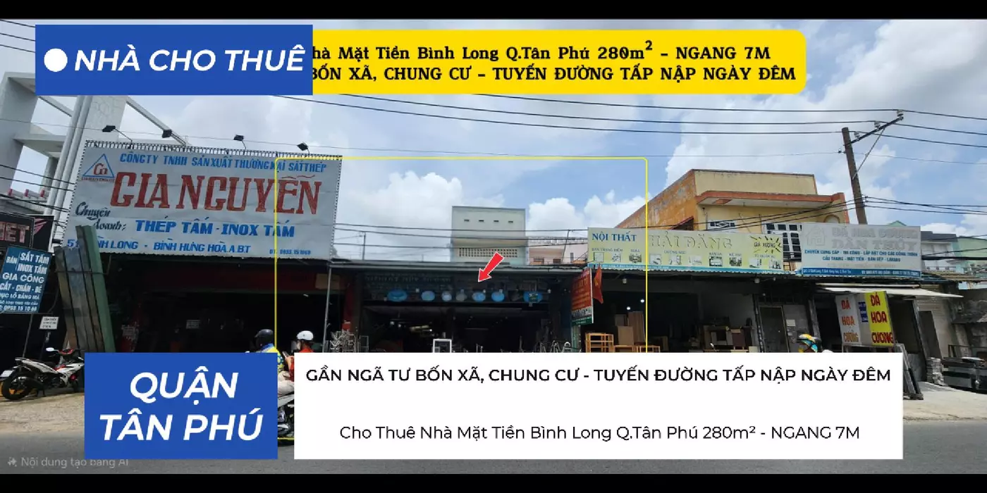 Cho thuê nhà Mặt Tiền Bình Long Q.Tân Phú 280m² - NGANG 7M, GẦN CHUNG CƯ, NGÃ TƯ BỐN XÃ