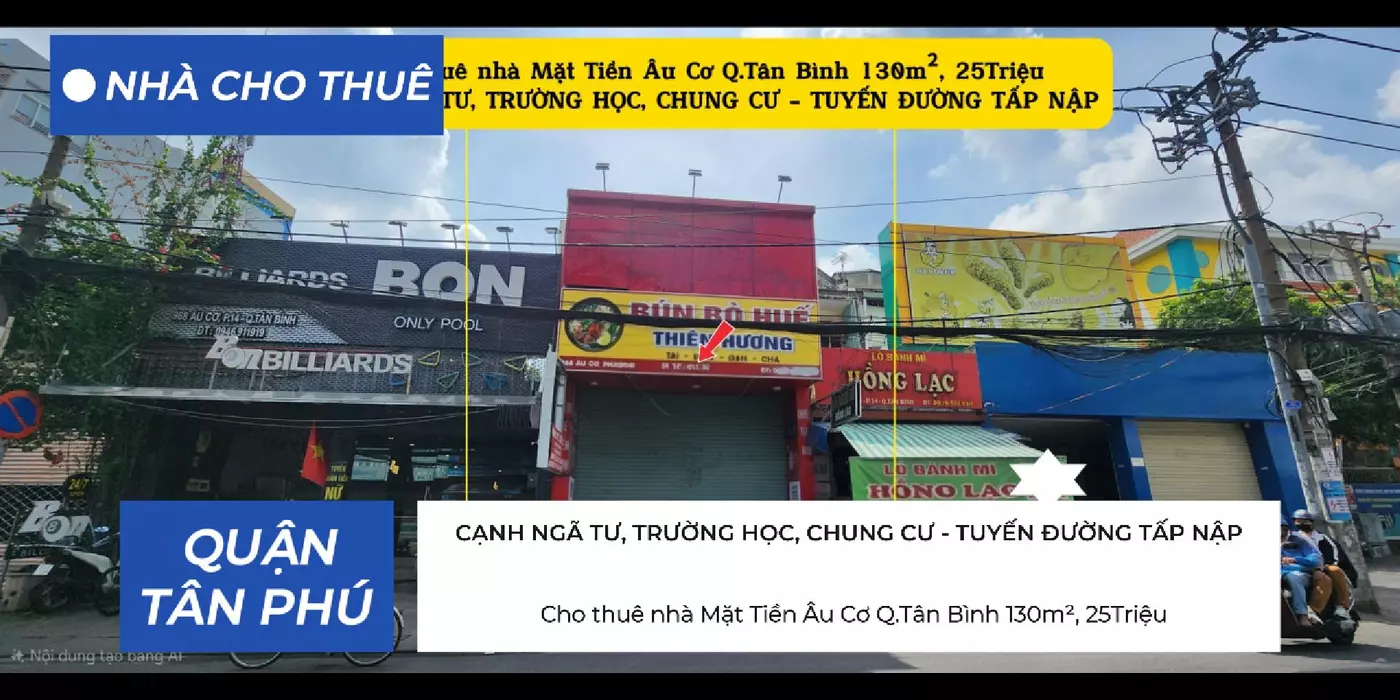 Cho thuê nhà Mặt Tiền Âu Cơ Q.Tân Bình 130m², 25Triệu, CẠNH TRƯỜNG HỌC, CHUNG CƯ