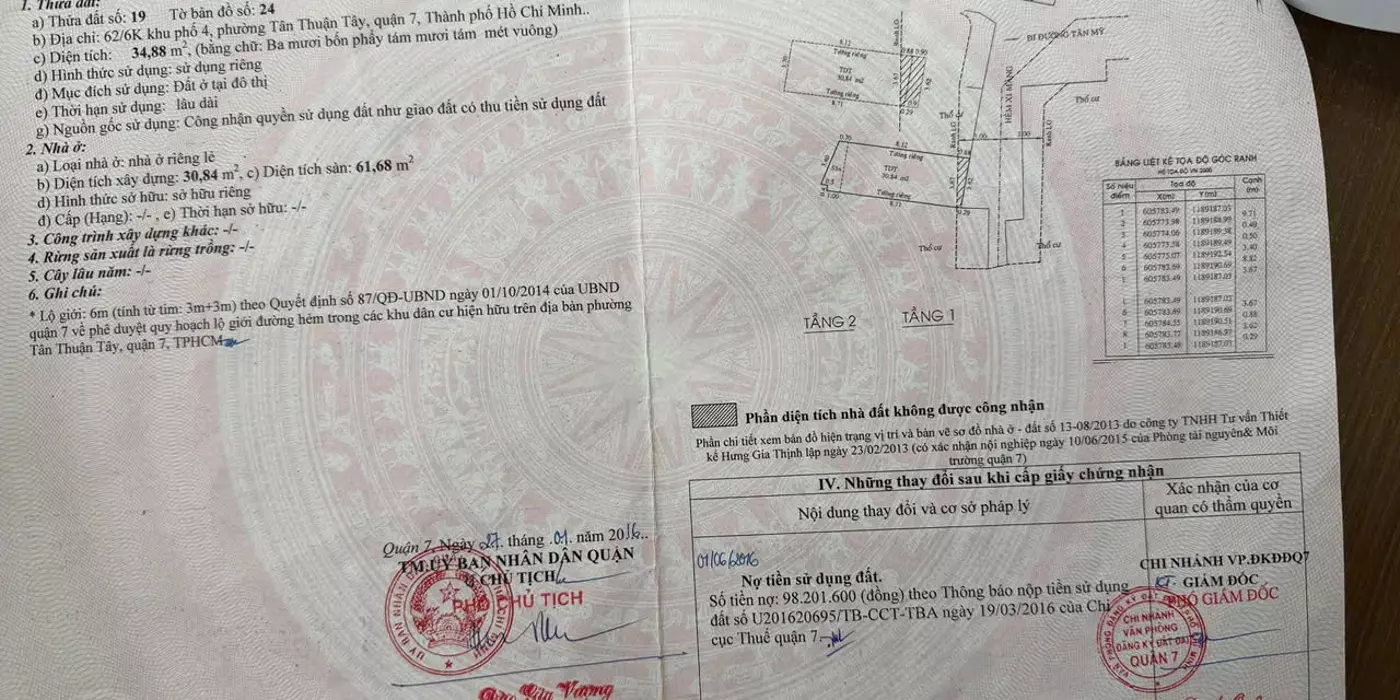 Bán nhà số 62/6K khu phố 4, Đường Tân Mỹ, P. Tân Thuận Tây, Quận 7, Hồ Chí Minh.