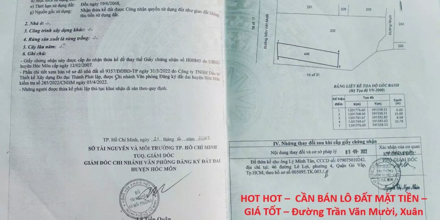 HOT HOT –  CẦN BÁN LÔ ĐẤT MẶT TIỀN – GIÁ TỐT – Đường Trần Văn Mười, Xuân Thới Đông, Hóc Môn, TP.HCM