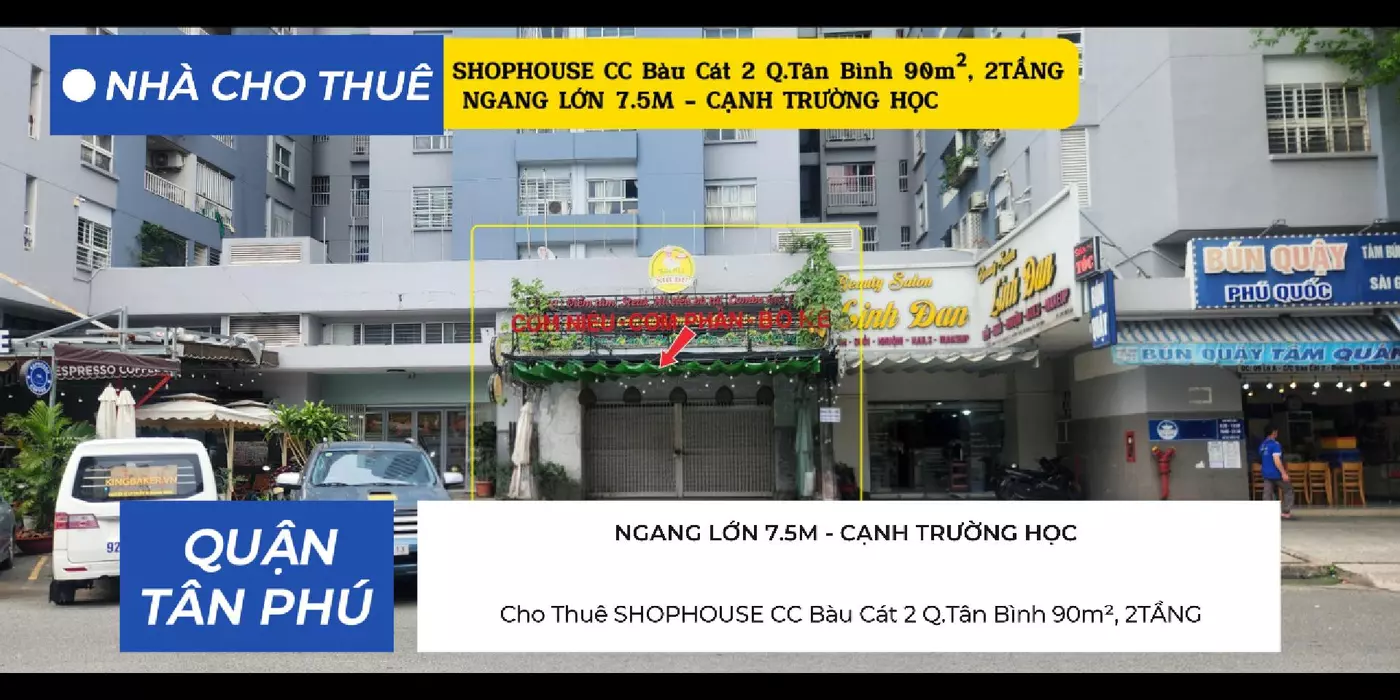 Cho Thuê SHOPHOUSE CC Bàu Cát 2 Q.Tân Bình 90m², 2TẦNG, NGANG 7.5M - CẠNH TRƯỜNG HỌC