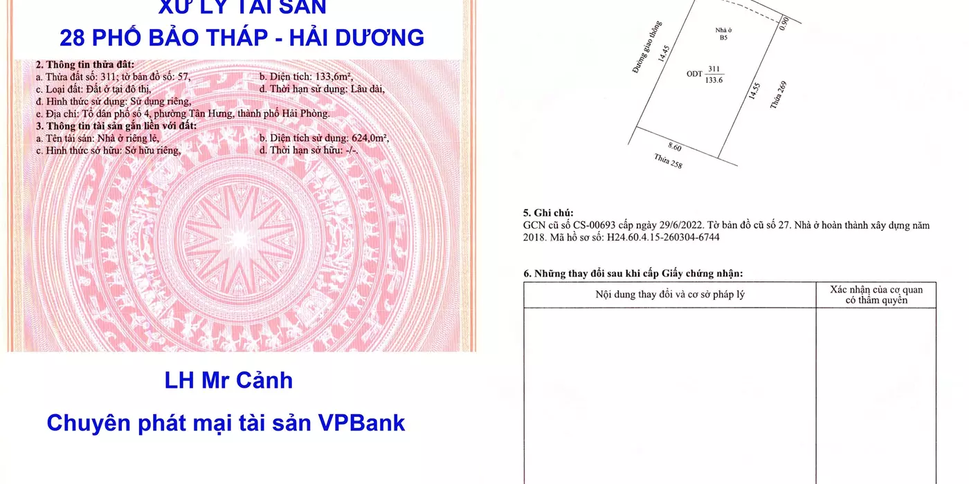 Bán nhà 5 tầng 28 Bảo Tháp, TP Hải Dương (nay là phường Tân Hưng, Hải Phòng)