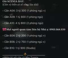 Giỏ hàng các căn hộ biển đang bán tại tòa Scenia Bay, Nha Trang mới nhất