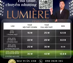 Cho thuê căn hộ Lumiere Riverside 3PN 93m², Full Nội thất, Tầng cao View đẹp, giá 40 tr/th