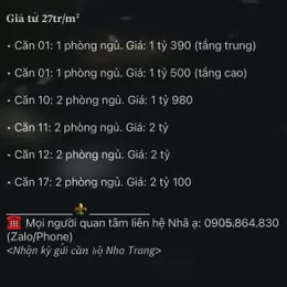 Giỏ hàng các căn hộ đang bán tại CT2 VCN Phước Long, Nha Trang mới nhất