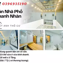 Bán nhà phố Thanh Nhàn, Ngõ Thông Kinh Doanh, Trung Tâm Quận, 35mx5T, Giá: 7 Tỷ, Lh: 0396935190.