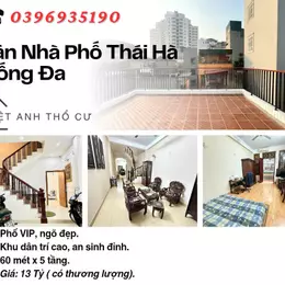 Bán nhà Phố Thái Hà, Nhà Phố Vip, Khu Dân Trí Cao, 60mx5T, Giá: 13 Tỷ, Lh: 0396935190.