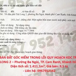BÁN ĐẤT GÓC HIẾM TRONG LÕI QUY HOẠCH KDC TRÀ LONG 2 – Phường Ba Ngòi, TP. Cam Ranh, Khánh Hòa