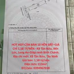 HOT HOT-CẦN BÁN 10 NỀN ĐẤT–GIÁ CHỈ 1,58 TỶ/NỀN –Xã Tân Bửu, Bến Lức, Long An-Giáp ranh Bình Chánh