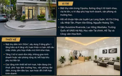 BÁN BIỆT THỰ LIỀN KỀ CIPUTRA - TÂY HỒ - CÓ HẦM, KINH DOANH ĐỈNH, VỈA HÈ RỘNG - 150M2 - 5 TẦNG - MT
