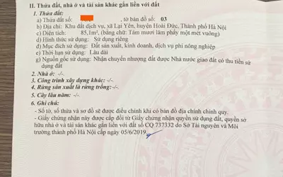 Đất dịch vụ lại yên 85m2, mặt tiền 5,5m, vị trí đẹp