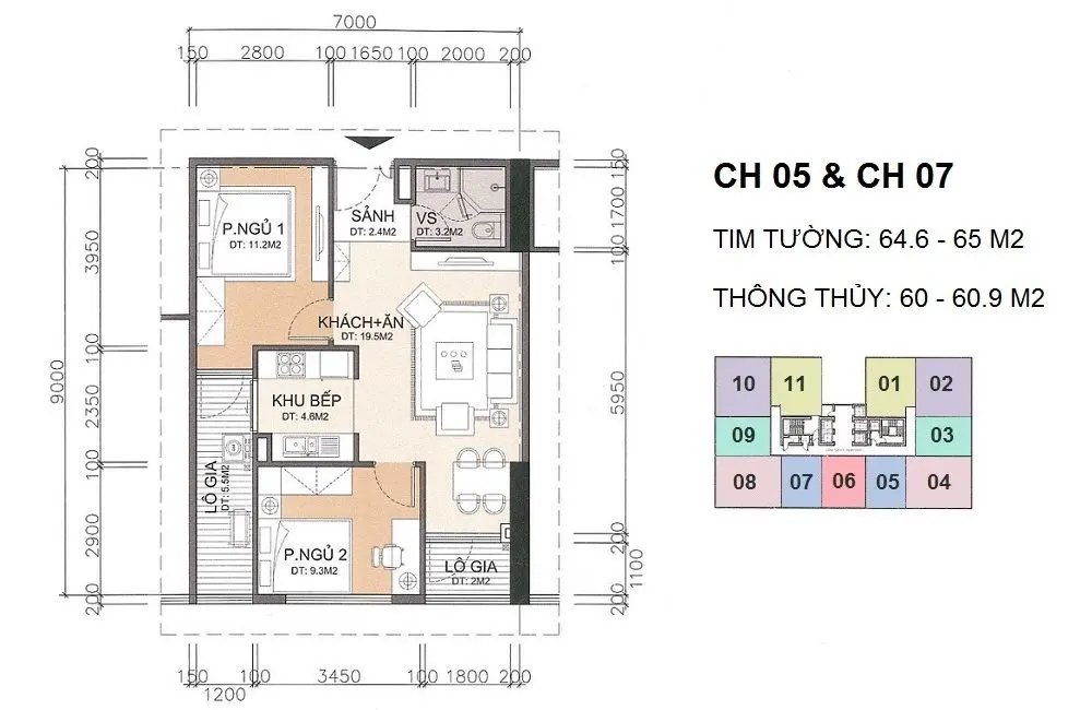 Mặt bằng căn hộ 2 phòng ngủ diện tích 60m2 chung cư A10 Nam Trung Yên