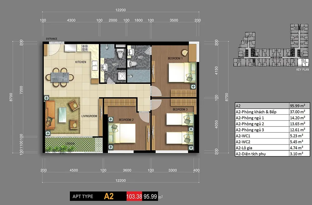 Thiết kế mặt bằng căn hộ 3 phòng ngủ A2