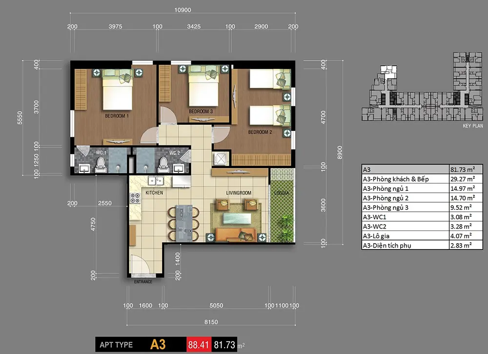 Thiết kế mặt bằng căn hộ 3 phòng ngủ A3
